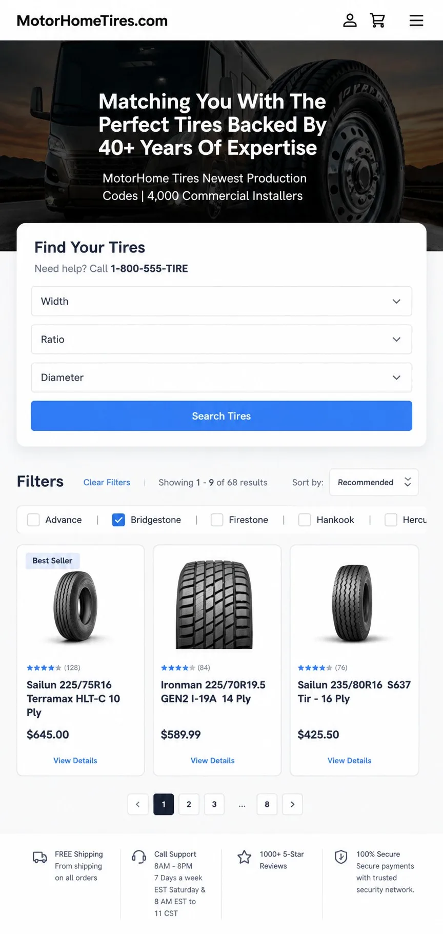 MotorHomeTires.com — mobile screen